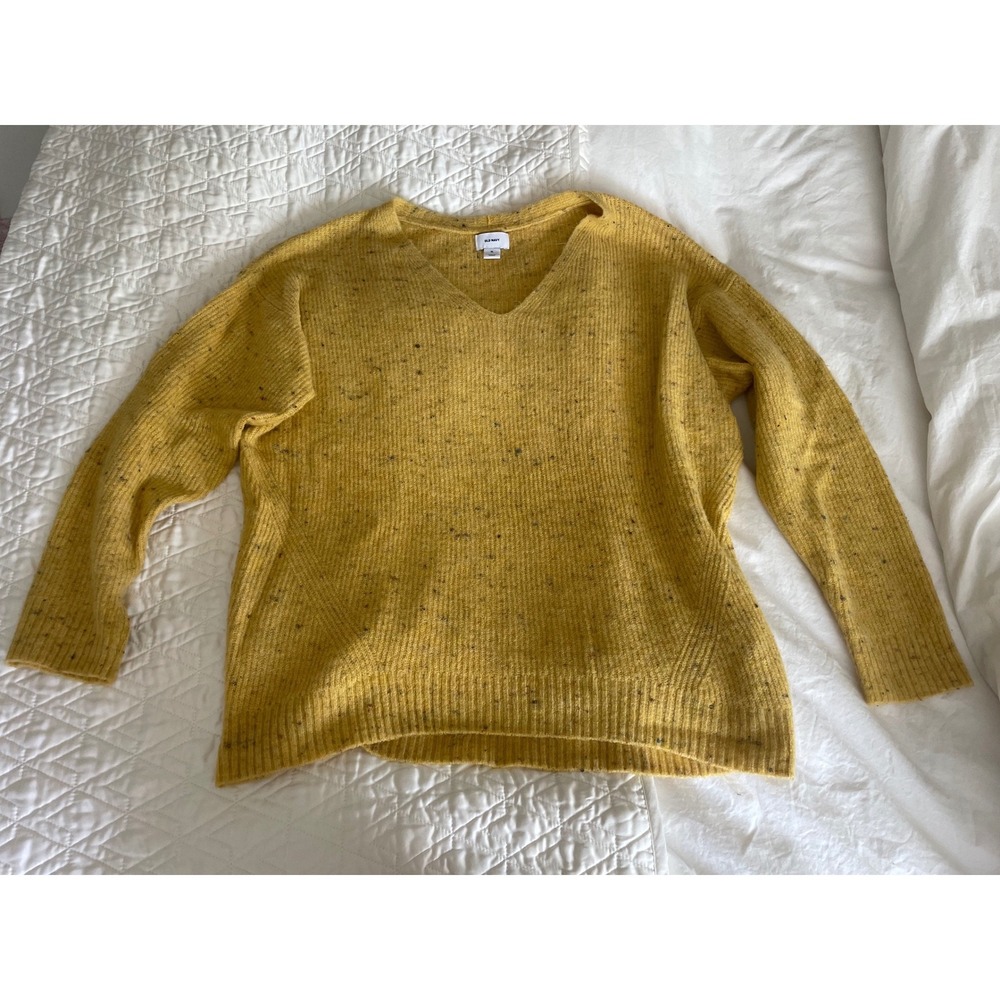 Old Navy V-Neck Sweater Yellow Speckled Marl Knit Drop Shoulder Cozy Fuzzy XL